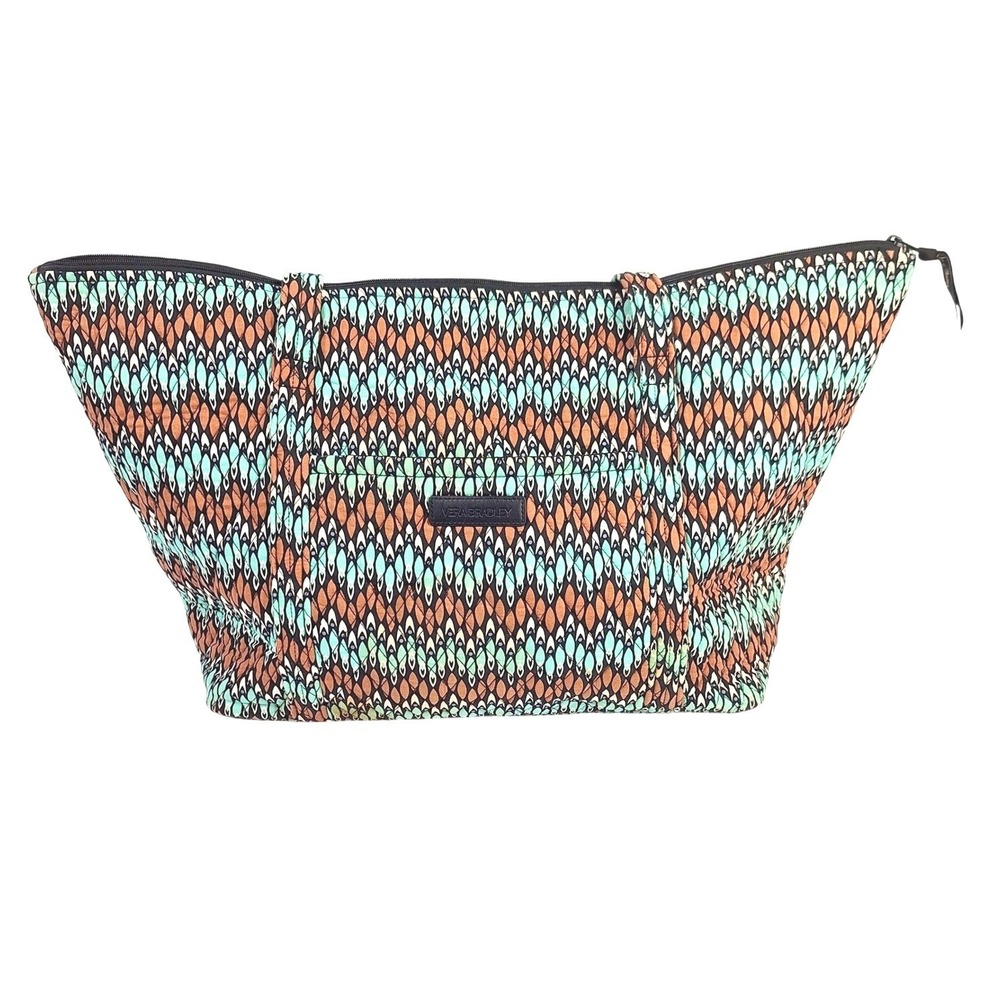 Vera Bradley Go Wild Quilted Cotton Tote Bag Teal Brown Geometric Shoulder Bag